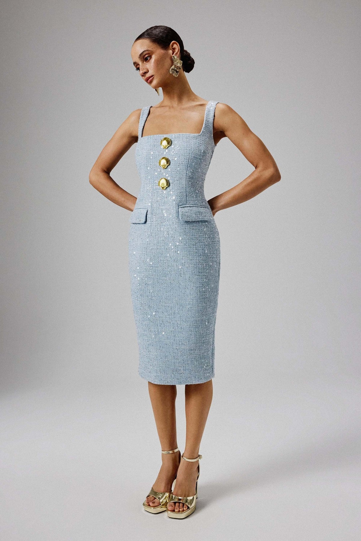 Square Neck Bouclé Midi Dress